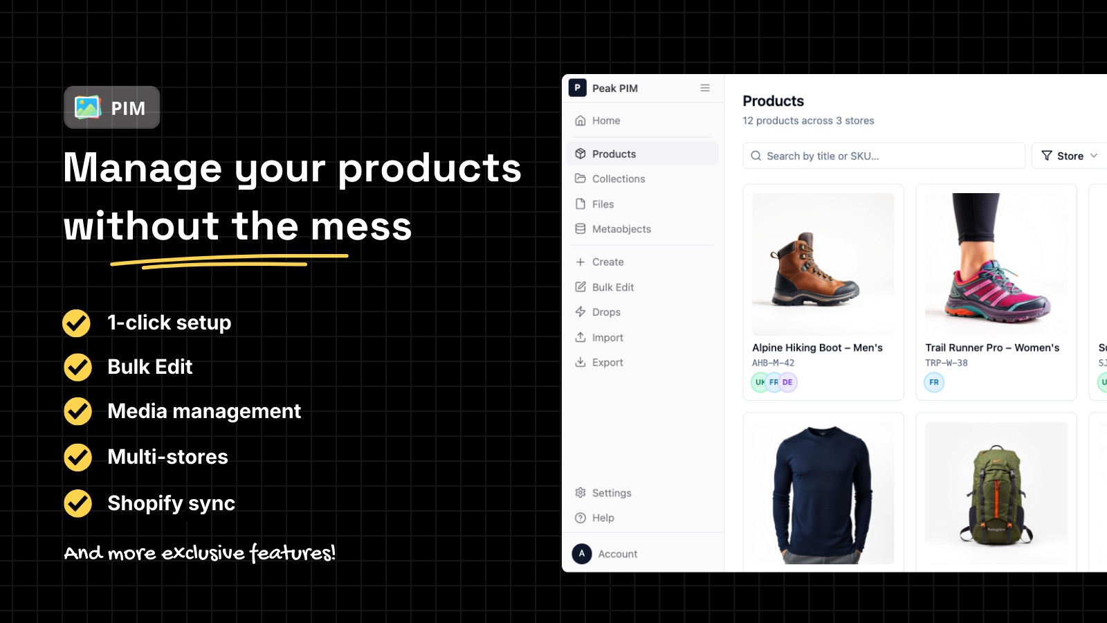 Productoverzicht in Peak PIM met producten over meerdere stores